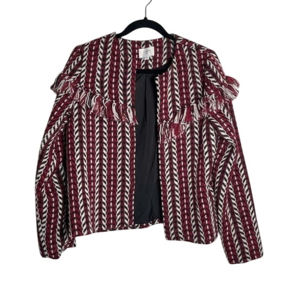 Everly Women's Tweed Herringbone Fringe Boho Open Front Jacket Medium